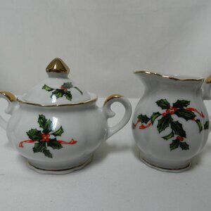 Lefton Japan Christmas Hand Painted Creamer Sugar Bowl Set lid Holly 03027 Vtg